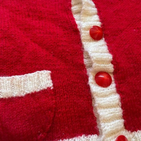 Vintage Hand Made Red And White Knit Holiday Overalls And Button Down Cardigan - Picture 6 of 9